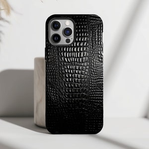 Black Crocodile Leather Print Phone Case, Animal Print Phone Case Trendy Phone Case for iPhone 16, 15, 14, 13, 12, 11 Samsung S24 Phone Case