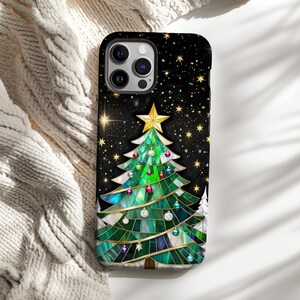 Stained Glass Christmas Tree Phone Case for Her Gift MagSafe iPhone 16 iPhone 15 iPhone 14 iPhone 13 pro max, Festive Aesthetic iPhone Cover
