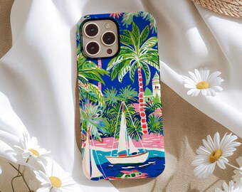 May include: A blue and green phone case with a tropical island scene and a sailboat. The case has a white border and a camera cutout.
