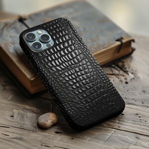 Black Crocodile Leather Graphic Print Phone Case, Animal Print Phone Case Trendy Phone Case for iPhone 16, 15, 14, 13, 12, Samsung, Google