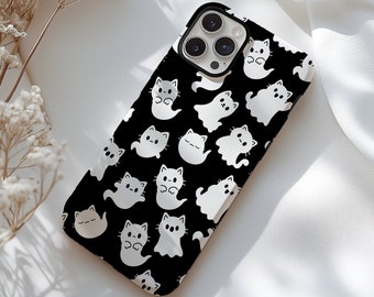 Ghost Cat Design Phone Case for Halloween Gift iPhone 17 16 15 14 13, Samsung Galaxy S26, S25 Spooky Season Phone Cases for Cat mom gift