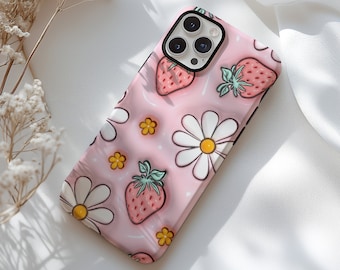 MagSafe 3D Puff Strawberry Pink Graphic Phone Case for her, Strawberry Fields iPhone 15, iPhone 14, iPhone 13, iPhone 12 Coquette Phone Case