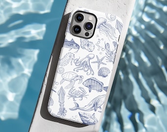 Marine Creature Protective iPhone case for MagSafe for iPhone 16, 15, 14, 13 pro max Blue Ocean Art Phone Case for Summer Aesthetic Vacation