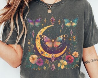 Magic Moth Celestial Floral Shirt Comfort Color Tee Moon and Star Shirt Women Crewneck Whimsical Tee Gift Mystical Astrology Shirt Bohemian