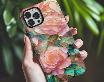 Stained Glass Pink Rose Phone Case for iPhone 16 iPhone 15 iPhone 14 iPhone 13 pro max, Pixel 9, Samsung Galaxy Aesthetic Floral Phone Case