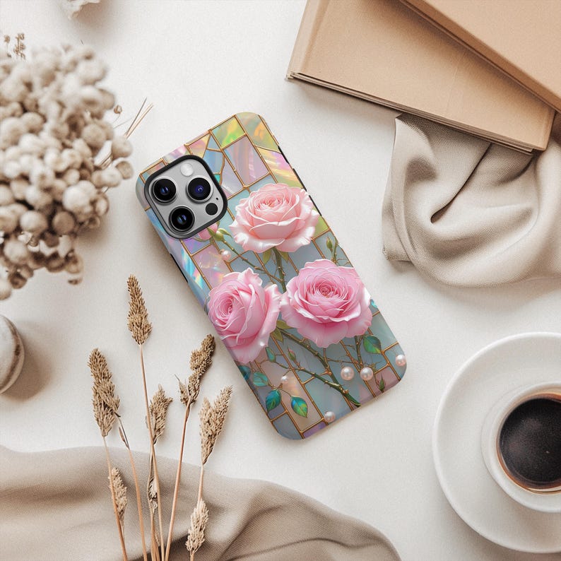 Stained Glass Pink Roses Magsafe Phone Case: Romantic Floral iPhone ...