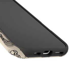 May include: A black smartphone case with a beige and black patterned design. The case has a black screen and a black border. The bottom edge of the case has openings for charging and other ports.