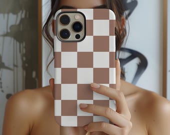Checkered Phone case for MagSafe iPhone 16 Pro Max iPhone 15 iPhone 14 Mocha Mousse Checkerboard pattern iPhone Cases, Simple Phone Case