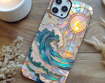 Ocean Wave Sunrise Faux Stained Glass Tough iPhone Case for iPhone 16 15 14 13 12 Galaxy S25 S24 Pixel 9  Aesthetic Beach Coastal Phone Case