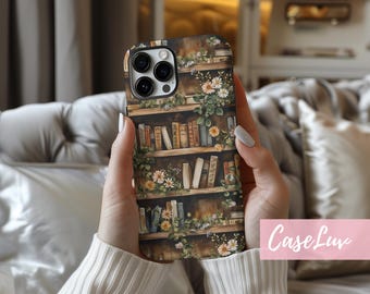 Bookish Phone Case Gift for iPhone 16 iPhone 15 iPhone 14 iPhone 13 iPhone 12 Galaxy S24 S23 Floral Bookshelf Phone Case, Librarian Gift