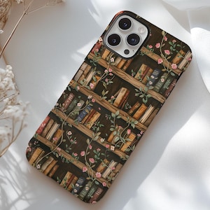 Floral Bookshelf Aesthetic Phone Case Gift for iPhone 16, iPhone 15, iPhone 14, iPhone 13, Galaxy S25 Bookish Phone Case, Librarian Gift