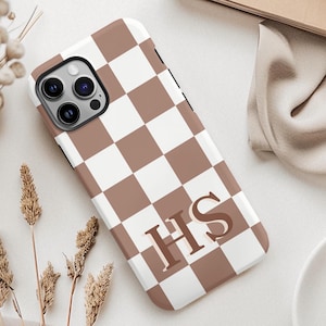 Fall Checkered Personalized Phone Case iPhone 16, 15, 14, 13 Samsung S25 Aesthetic Initial Checkerboard Phone Case Custom Name Phone Case