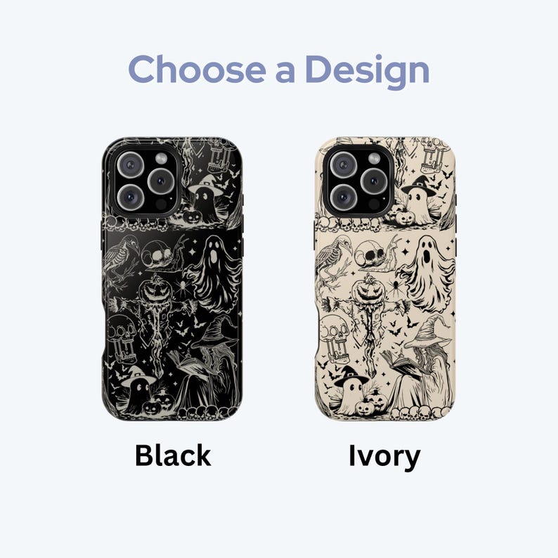 May include: Two phone cases with Halloween-themed designs. One case is black with white illustrations of ghosts, skulls, and bats. The other case is ivory with similar illustrations. The text "Choose a Design" is at the top, with "Black" and "Ivory" below the cases.