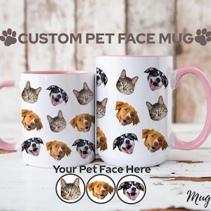 May include: White ceramic mug with a pink rim and handle. The mug features a repeating pattern of pet faces, including cats and dogs. The text "CUSTOM PET FACE MUG" is at the top of the mug. Below the mug, there are three circles with images of a cat, dog, and dog. The text "Your Pet Face Here" is below the circles. The text "Mugluv" is at the bottom right of the image.