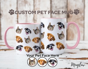 May include: White ceramic mug with a pink rim and handle. The mug features a repeating pattern of pet faces, including cats and dogs. The text "CUSTOM PET FACE MUG" is at the top of the mug. Below the mug, there are three circles with images of a cat, dog, and dog. The text "Your Pet Face Here" is below the circles. The text "Mugluv" is in the bottom right corner.