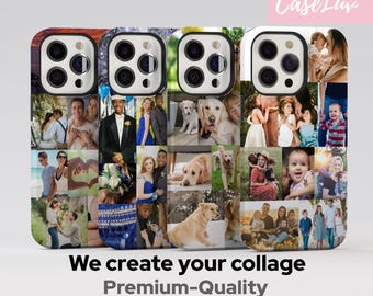 May include: Three phone cases with a collage of photos featuring people, dogs, and nature. The cases are made of a tough, premium-quality material and are compatible with MagSafe.