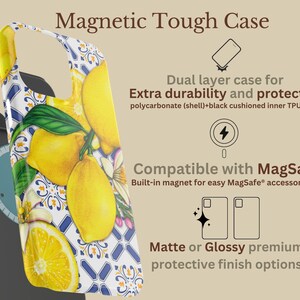 May include: A phone case with a lemon design. The case features a vibrant pattern of yellow lemons and green leaves against a white and blue tile background. The case is a dual-layer design for extra durability and protection, compatible with MagSafe.