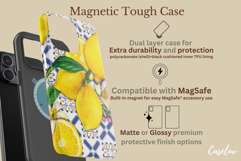 May include: A phone case with a lemon design. The case features a vibrant pattern of yellow lemons and green leaves against a white and blue tile background. The case is a dual-layer design for extra durability and protection, compatible with MagSafe.