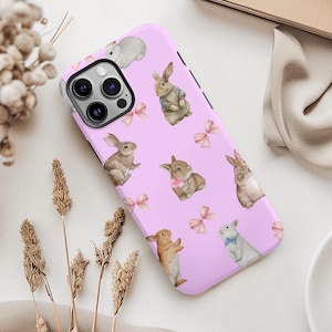 Bunny Easter Bow Phone Case for Easter, iPhone 16, 16e, 15, 14, 13, 12, Samsung S25, Pixel9, Rabbit Lover Aesthetic phone case