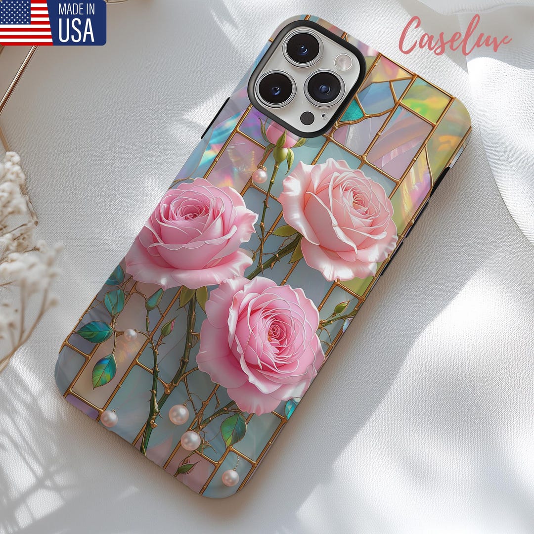 Stained Glass Pink Roses Magsafe Phone Case: Romantic Floral iPhone ...
