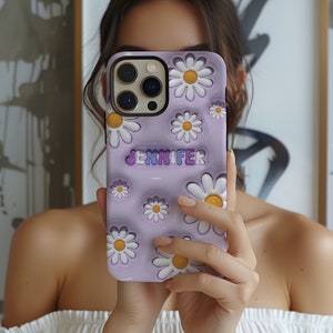 Custom 3D Inflated Flower Phone Case | Retro Daisy Name Initial for iPhone, Galaxy & Google Pixel Cases | Stylish Protective Phone case