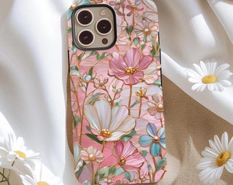 Stained Glass Graphic Wildflower Aesthetic Phone Case for MagSafe iPhone 16 iPhone 15 iPhone 14 iPhone 13, Romantic Pink Floral Phone Case