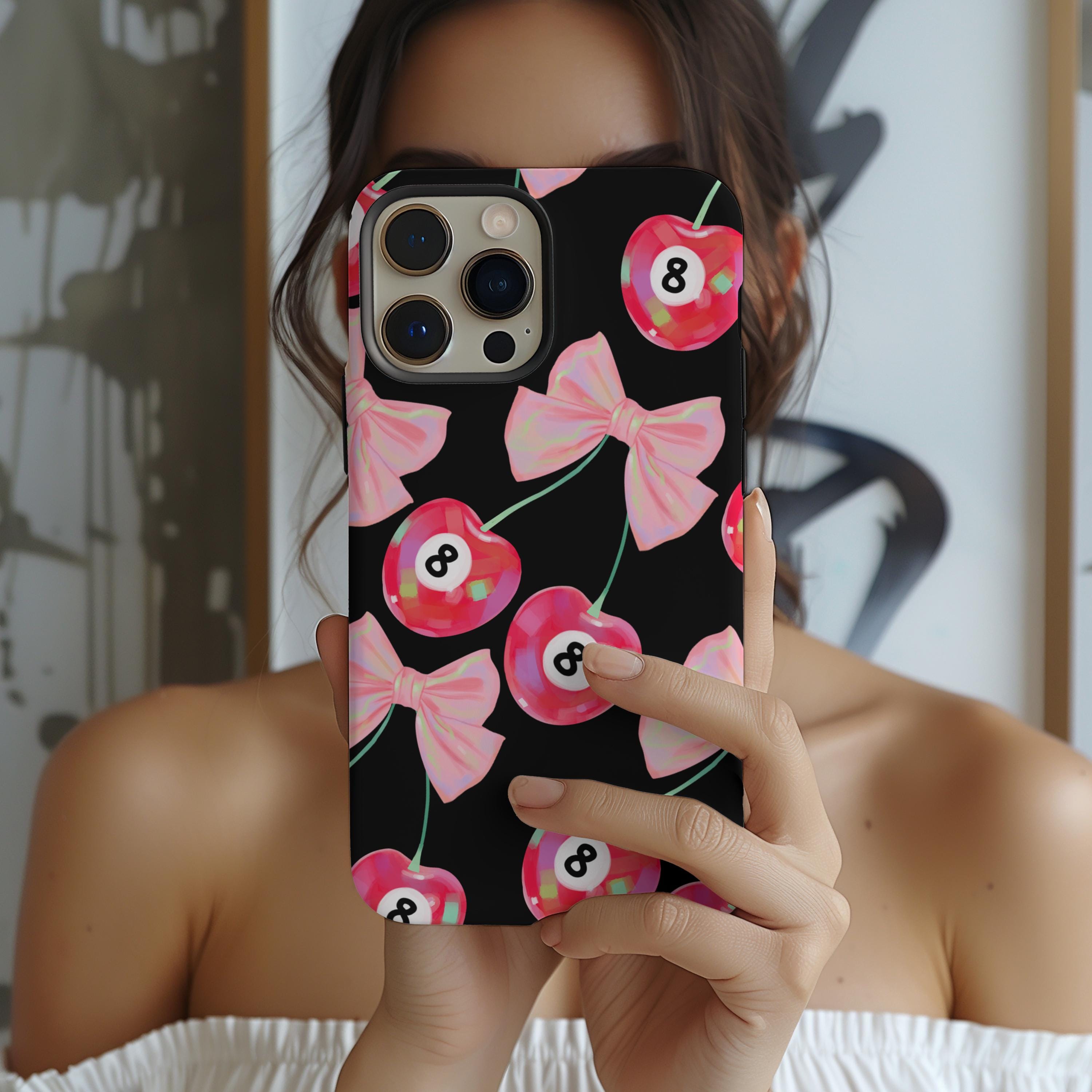 Lucky 8 Ball Heart Cherry Phone Case for her iPhone 16, iPhone 15, iPhone 14, iPhone 13, Galaxy S25 Phone Case Cover, Coquette Phone Case