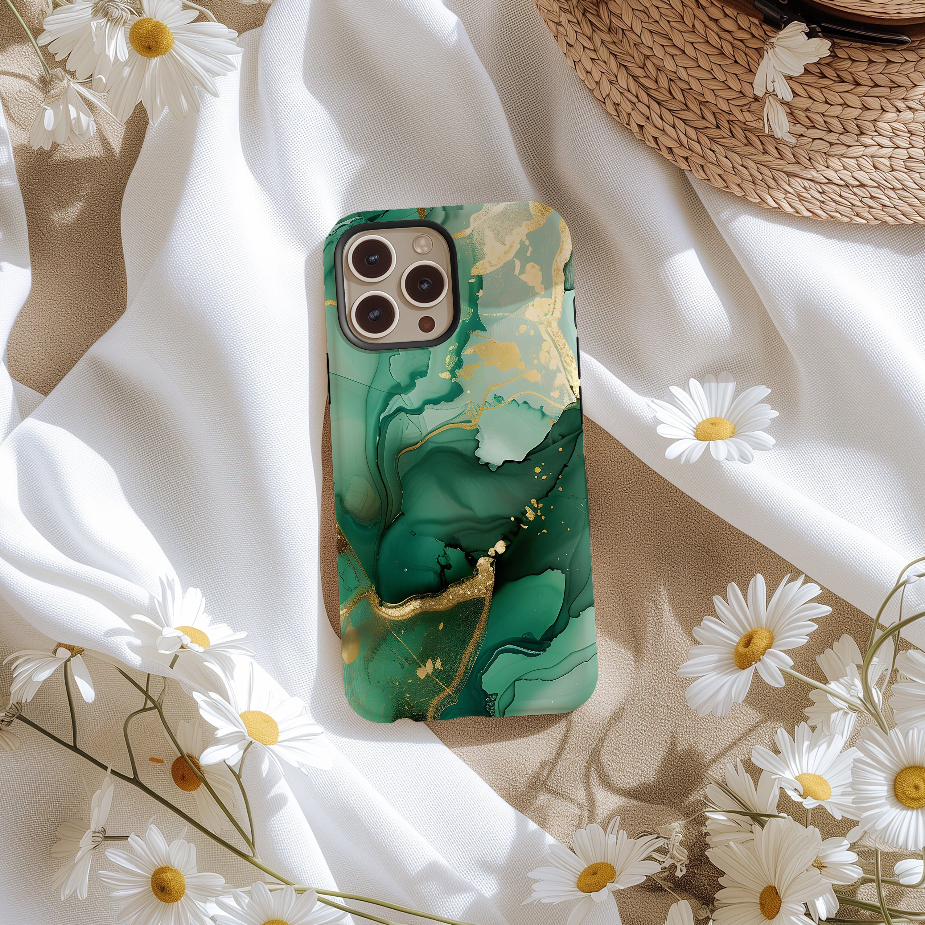 Aesthetic Jade Green Gold Marble 3D Design Phone Case for Her