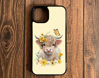 Highland Cow Aesthetic Flower garden phone Case for iPhone 14, iPhone 13, iPhone 12, iPhone 11, iPhone XR, Samsung S23, Cow Phone Case