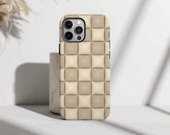 Tan 3D Checkered Graphic Phone case for iPhone 16 Pro, iPhone 15, iPhone 14, iPhone 13 Checkerboard pattern Neutral iPhone Case for her gift