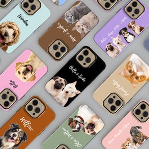 May include: Ten different phone cases with various dog and cat breeds printed on them. Each case has a different name and text printed on it. The cases are all for the iPhone 14 Pro.