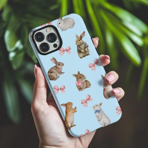 Easter Bunny Bow Phone Case for Easter, iPhone 16, 16e, 15, 14, 13, 12, Samsung S25, Pixel9, Rabbit Lover Aesthetic phone case