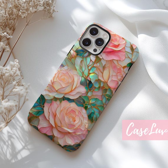 Stained Glass Rose Aesthetic Printed Phone Case for iPhone 17, 16, 15, 14, 13, 12, 16e, Pixel 9, Samsung galaxy S26 S25 Floral Phone Case