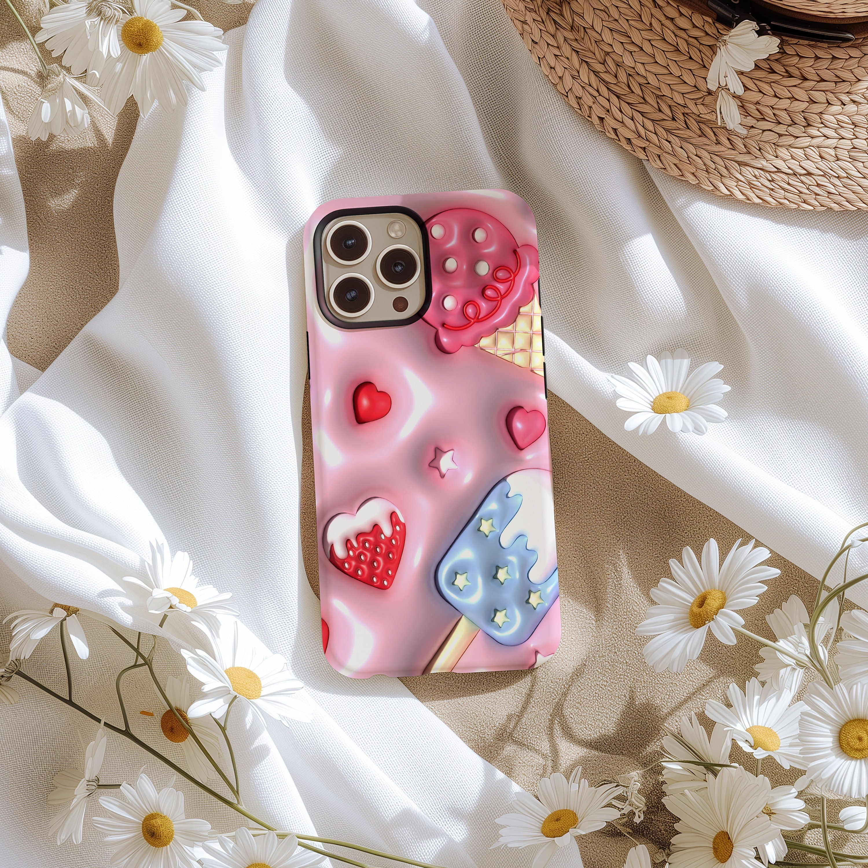 3D Ice Cream Pink Aesthetic Phone Case for her iPhone 15 iPhone 14 iPhone 13 iPhone 12 Pixel 7 Galaxy S23  3D Art Puff Cute Phone case