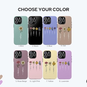 May include: Eight different colour phone cases with a floral design and the text "Stay Wild" printed on them. The colours are mint, black, blue, oat, rose beige, light pink, yellow, and lavender.