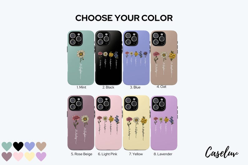 May include: Eight different colour phone cases with a floral design and the text "Stay Wild" printed on them. The colours are mint, black, blue, oat, rose beige, light pink, yellow, and lavender.