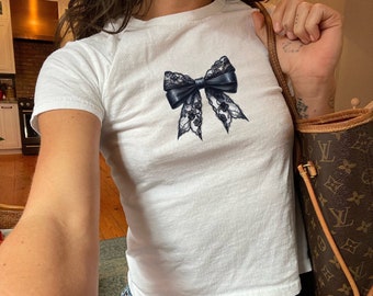 Halloween Black Lace Bow Baby Tee - Spooky Coquette Shirt