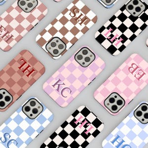 Custom Initial Monogram Checkered Phone Case iPhone 16, 15, 14, 13, Samsung S25 Aesthetic Checkerboard Phone Case, Simple Modern Phone Case