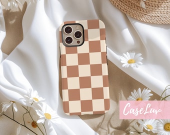 Tan Brown Checkered Phone case for MagSafe - iPhone 15 Pro Max, iPhone 14, iPhone 13 - Checkerboard pattern iPhone Cases - Simple Phone Case