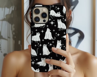Halloween Cat Ghost Phone Case for MagSafe, iPhone 17 16 15 14 13 pro max, Galaxy S26 Cover for horror lover, Spooky cute gift