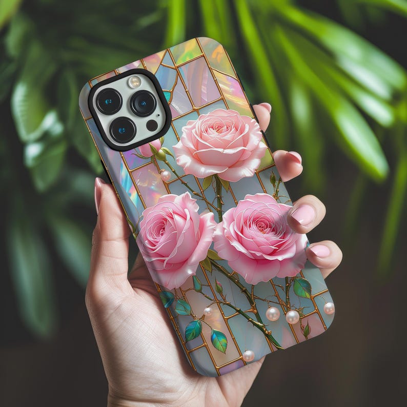 Stained Glass Pink Roses Magsafe Phone Case: Romantic Floral iPhone ...