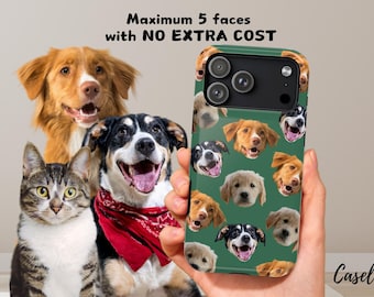 May include: A green phone case featuring a pattern of dog faces. The case is held in a hand, with a cat and two dogs in the background. Text on the case reads "Maximum 5 faces with NO EXTRA COST."