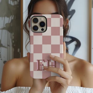 Checkered Personalized Phone Case iPhone 16, 15, 14, 13 Samsung S25 Aesthetic Initial Fall Checkerboard Phone Case Custom Name Phone Case