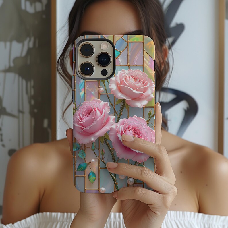 Stained Glass Pink Roses Magsafe Phone Case: Romantic Floral iPhone ...