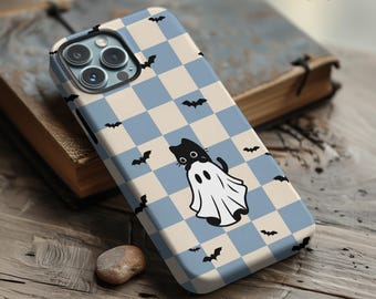 MagSafe Halloween Phone Case, Ghost Cat Bats Checkered Design for iPhone 17 16 15 14 13 pro max, plus, Spooky Phone Cover for Cat mom