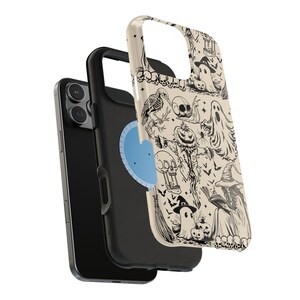 May include: A black smartphone with a protective case featuring a Halloween-themed design. The case has a cream-colored background with black illustrations of ghosts, skulls, bats, and a witch. The phone is partially disassembled, showing the phone's components.