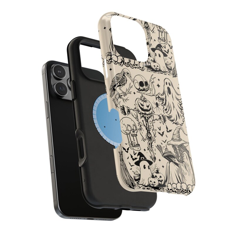 May include: A black smartphone with a protective case featuring a Halloween-themed design. The case has a cream-colored background with black illustrations of ghosts, skulls, bats, and a witch. The phone is partially disassembled, showing the phone's components.
