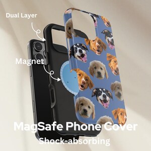May include: A MagSafe phone cover with a blue background and a pattern of various dog faces. The cover is dual-layered and shock-absorbing. The image also shows the magnet feature.