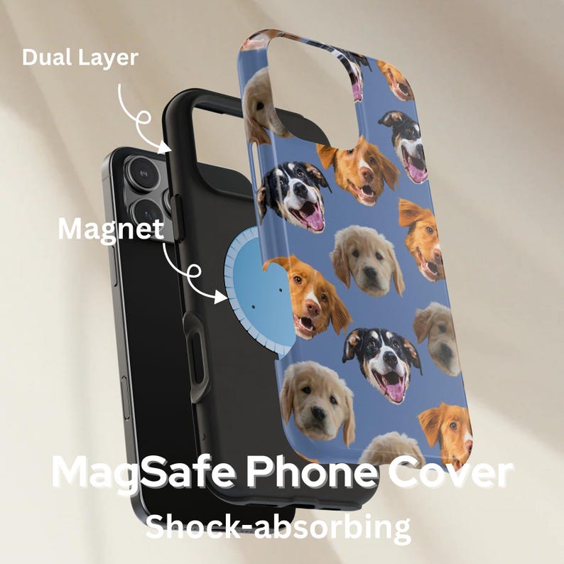 May include: A MagSafe phone cover with a blue background and a pattern of various dog faces. The cover is dual-layered and shock-absorbing. The image also shows the magnet feature.