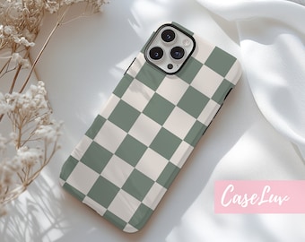 Retro Checkered Sage Green Phone case for MagSafe, iPhone 15 Pro, iPhone 14, iPhone 13, Checkerboard pattern iPhone Cases, Modern Phone Case